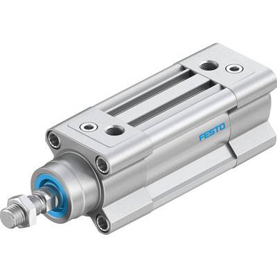 Un vérin pneumatique de Festo, de couleur argent avec des touches bleues, affiche une construction robuste et une finition précise.