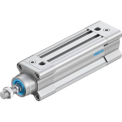 Un cylindre pneumatique argenté de Festo avec un marquage bleu ; illustrant une application industrielle.