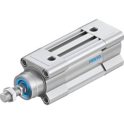 Un cylindre pneumatique argenté avec un joint d'étanchéité bleu et le logo 'Festo'. Adapté aux applications industrielles.