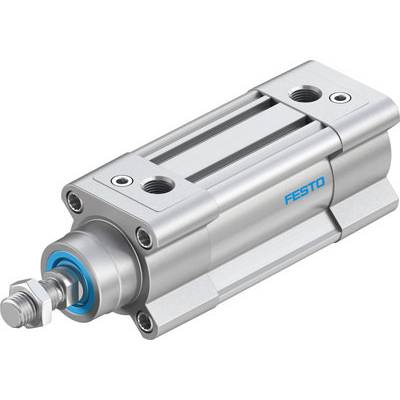 Un cylindre pneumatique argenté de Festo doté de plusieurs possibilités de raccordement et d'une tige de piston, adapté aux applications industrielles.