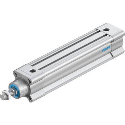 Cylindre pneumatique industriel argenté avec marquage bleu, typiquement utilisé dans des machines automatisées pour des mouvements linéaires.