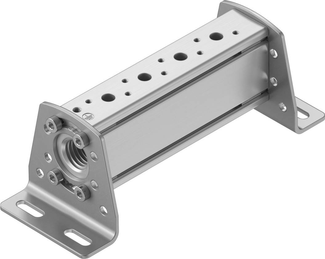 Une pièce métallique comportant plusieurs perçages et trous de fixation. Elle présente un élément cylindrique à une extrémité et des supports rectangulaires.