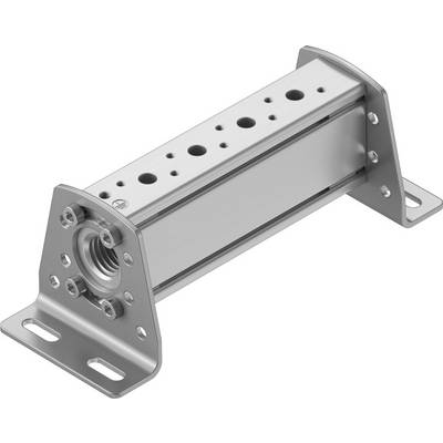 Une pièce métallique comportant plusieurs perçages et trous de fixation. Elle présente un élément cylindrique à une extrémité et des supports rectangulaires.