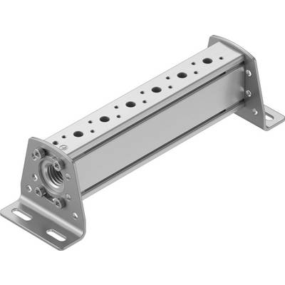 Pièce mécanique métallique avec un boîtier rectangulaire, plusieurs trous ronds en haut, fixée à deux angles.