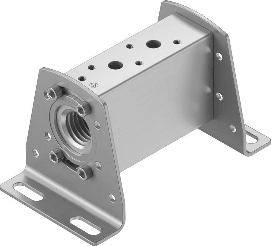 Une bride rectangulaire en métal avec plusieurs trous de perçage et un filetage central, adaptée aux applications industrielles ou aux fixations.