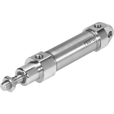 Vérin pneumatique de Festo, cylindrique, corps métallique argenté avec des éléments de fixation aux deux extrémités.