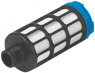 Filtre à eau cylindrique avec boîtier en réseau noir et bouchon bleu, adapté pour le raccordement à une conduite d'eau.