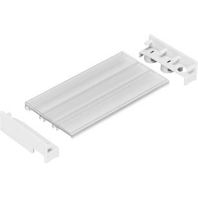 Couvercle de protection en plastique transparent, rectangulaire, avec deux embouts pour le montage sur un rail lumineux à LED.