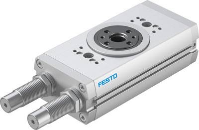 Une table tournante pneumatique de Festo, de couleur argentée, avec deux raccordements à l'avant et le logo visible sur le côté.