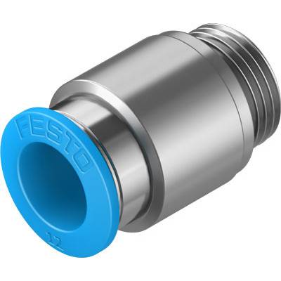 Un raccord pneumatique cylindrique argenté avec une extrémité bleue, portant l'inscription 'Festo'.