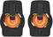 Enceintes noires avec des anneaux LED orange lumineux, de la marque Trust. Enceinte de gauche avec logo, enceinte de droite avec molette de réglage du volume.