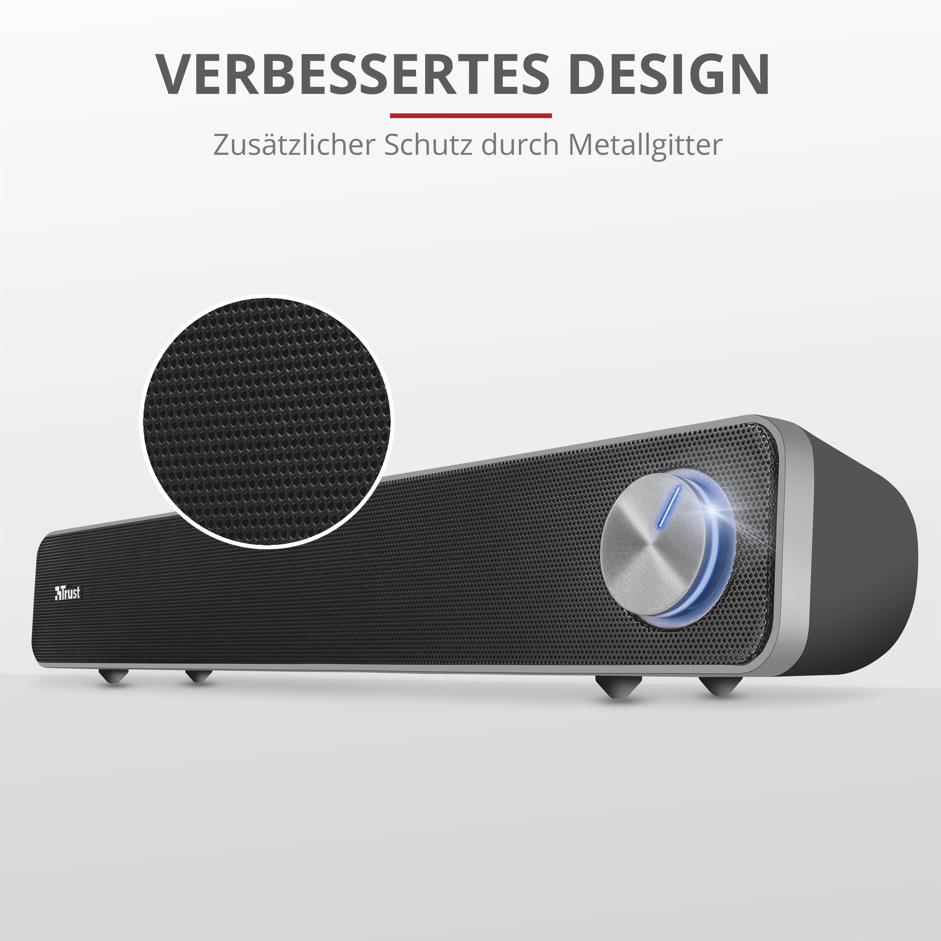 Barre de son avec bouton de volume circulaire et grille de protection. Texte au-dessus : 'Design amélioré - Protection supplémentaire par grille métallique'.