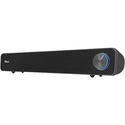 Barre de son d'enceinte en noir avec un grand bouton de réglage sur le côté droit, adaptée à l'amélioration audio des ordinateurs et des téléviseurs.