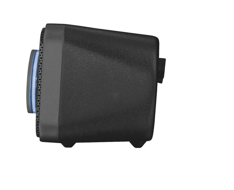 Haut-parleur noir rectangulaire vu de côté avec un accent bleu sur la face avant.