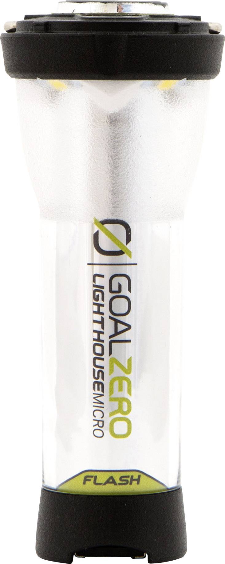 Une lampe de poche portant l'inscription 'Goal Zero Lighthouse Micro Flash', boîtier transparent, avec des accents noirs et verts.