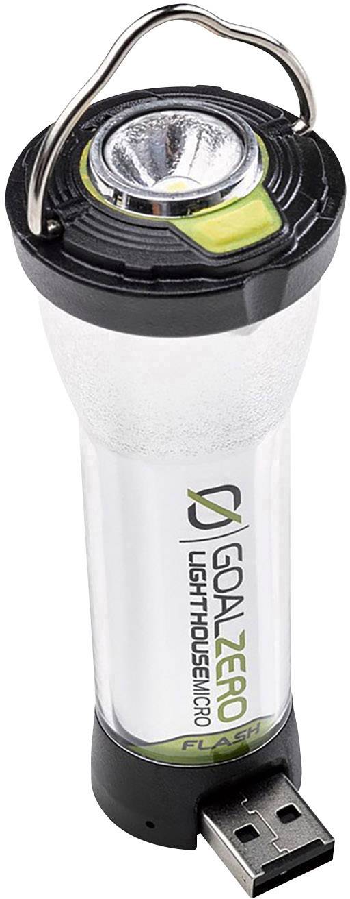 Lampe LED portable avec port USB, adaptée au camping ou aux activités de plein air. Comprend une boucle de suspension à l'extrémité supérieure.