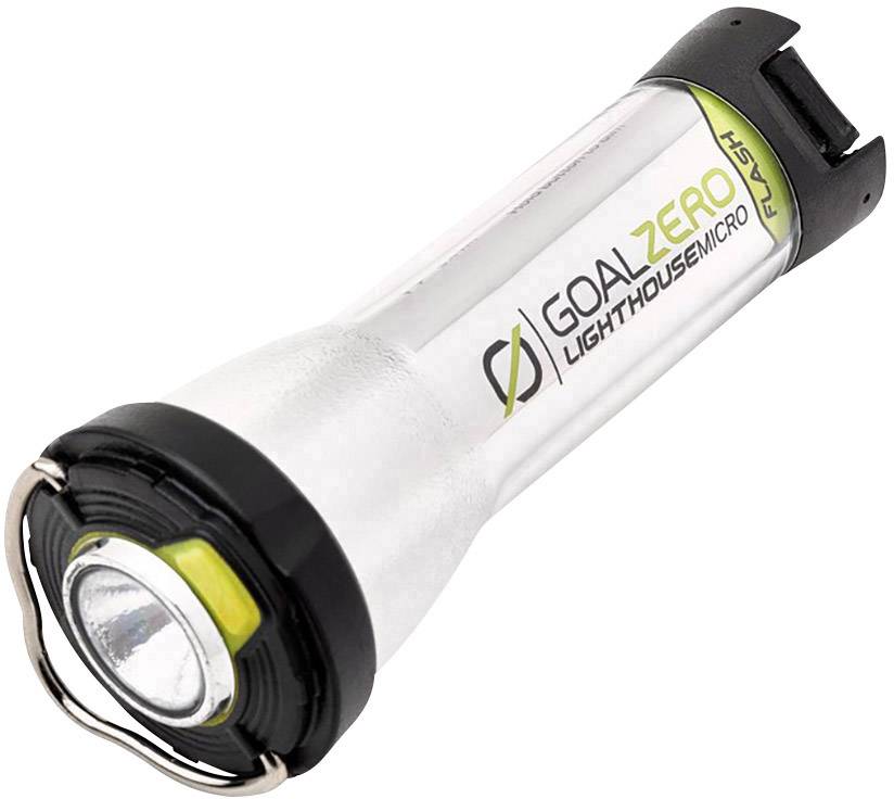 Lampe de poche Goal Zero, modèle Lighthouse Micro Flash, de forme cylindrique avec une tête lumineuse facilement accessible et un clip à l'extrémité.