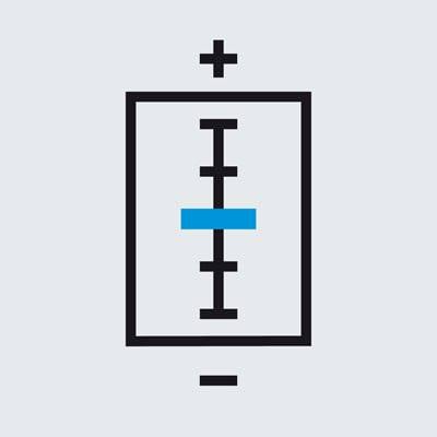 Symbole d'un condensateur avec une barre bleue au centre, un signe plus en haut et un signe moins en bas.