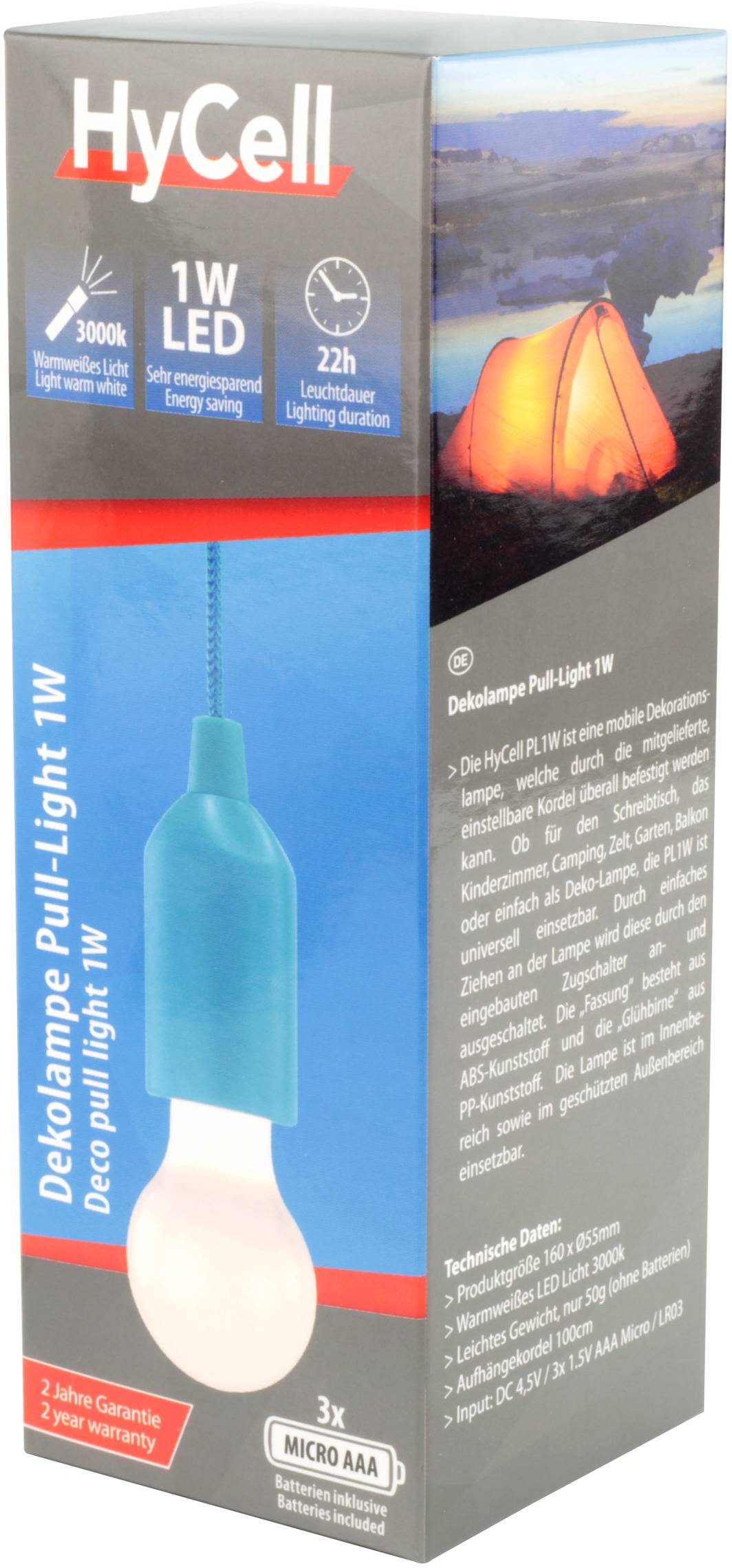 Emballage pour une lampe décorative LED 1W de HyCell, avec image d'une tente illuminée. Informations sur l'énergie et l'utilisation imprimées sur l'emballage.