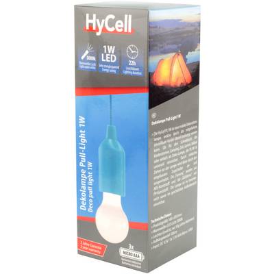 Emballage pour une lampe décorative LED 1W de HyCell, avec image d'une tente illuminée. Informations sur l'énergie et l'utilisation imprimées sur l'emballage.