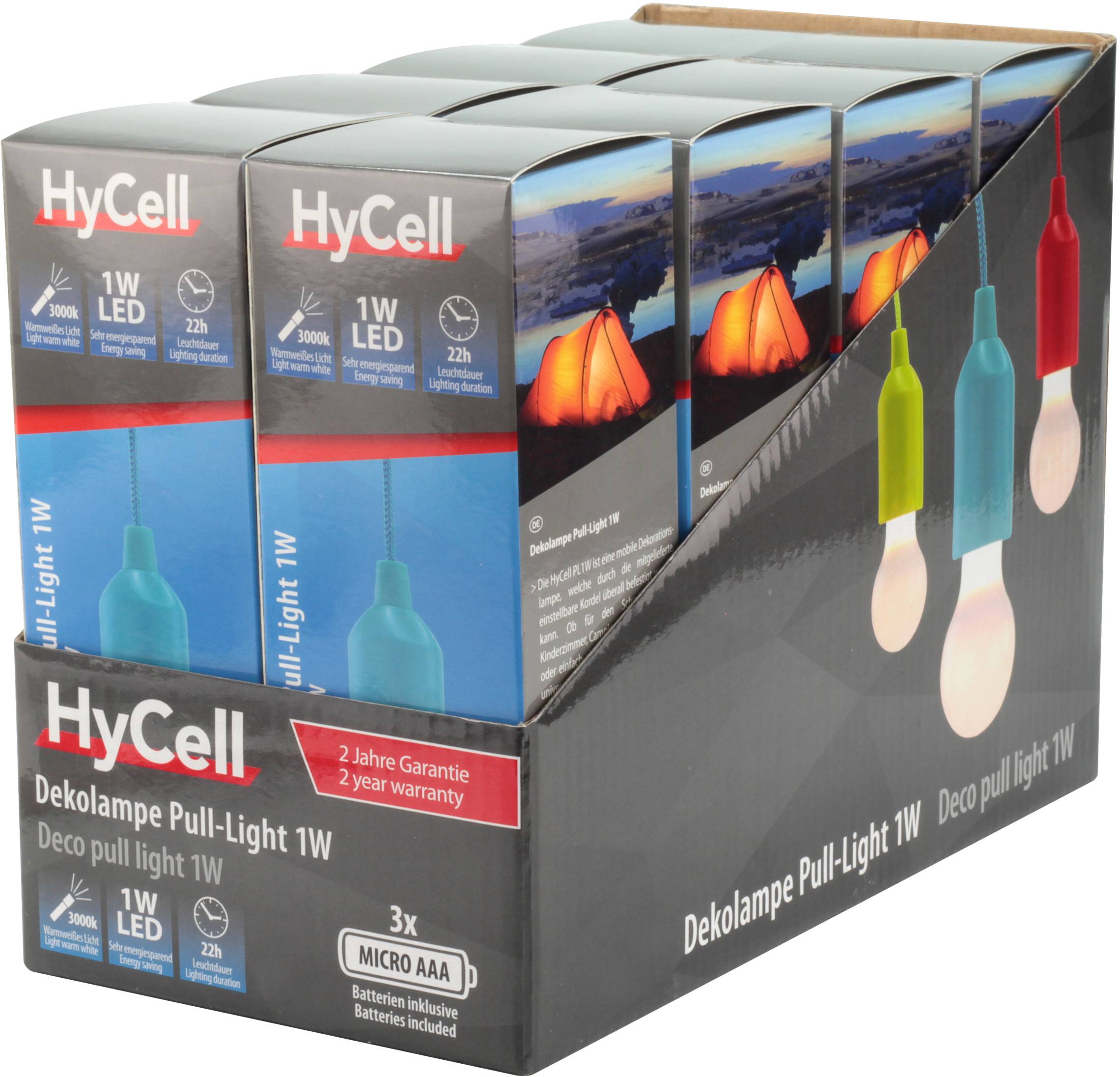 'HyCell Lampe décorative Pull-Light 1W' Affichage avec plusieurs emballages de lampes décoratives LED. Contient des piles, garantie de 2 ans.