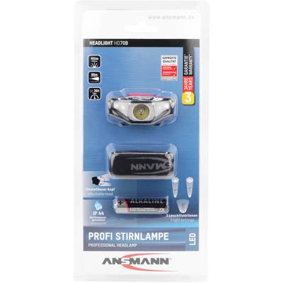 Lampe frontale ANSMANN Profi HD70B dans son emballage. Comprend une lampe frontale, des piles, protection IP44, 3 modes d'éclairage. Adaptée à l'extérieur, tête réglable.
