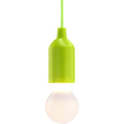 Une ampoule suspendue et allumable avec un boîtier vert et un câble vert, servant d'éclairage décoratif.