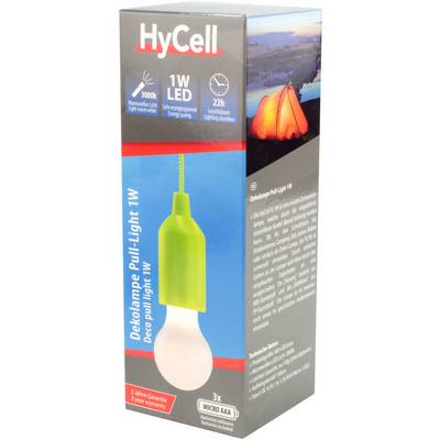 Emballage d'une lampe décorative HyCell Pull-Light 1W avec technologie LED. L'impression met l'accent sur les économies d'énergie et la longue durée d'éclairage. Image avec une tente illuminée en extérieur.