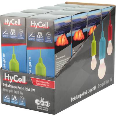 L'emballage présente la lampe décorative HyCell Pull-Light 1W, 7 lampes par boîte. LED 1W, autonomie de 22 heures. Piles incluses. Garantie de 2 ans.