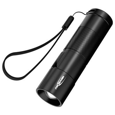 Une lampe de poche noire et compacte avec une lanière de poignée. Elle présente un design de poignée texturé et un logo au centre.