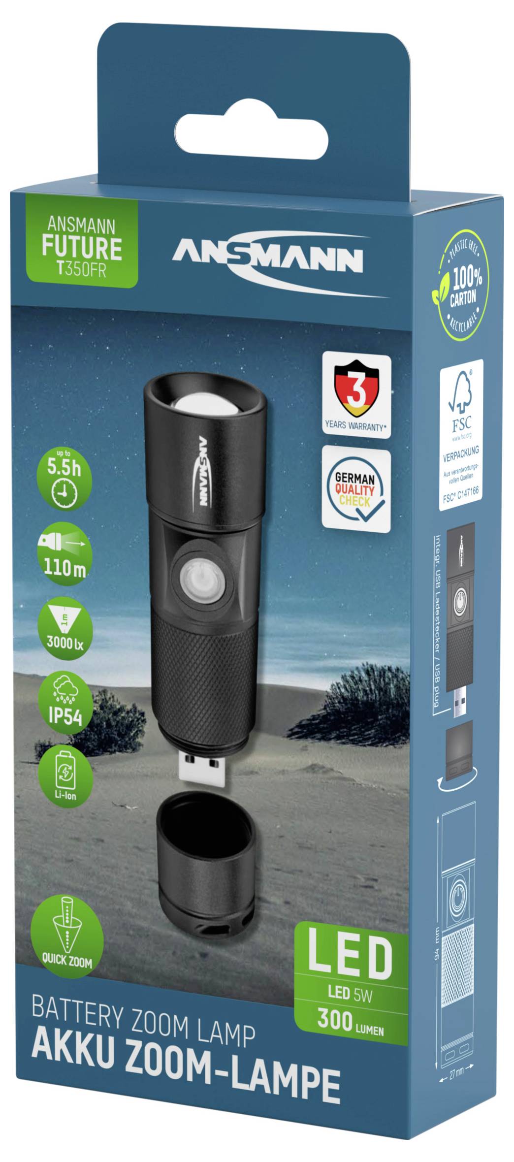 Emballage d'une lampe de poche LED Ansmann avec zoom, 300 lumens. Contient des informations sur l'étanchéité, la recharge et la garantie.