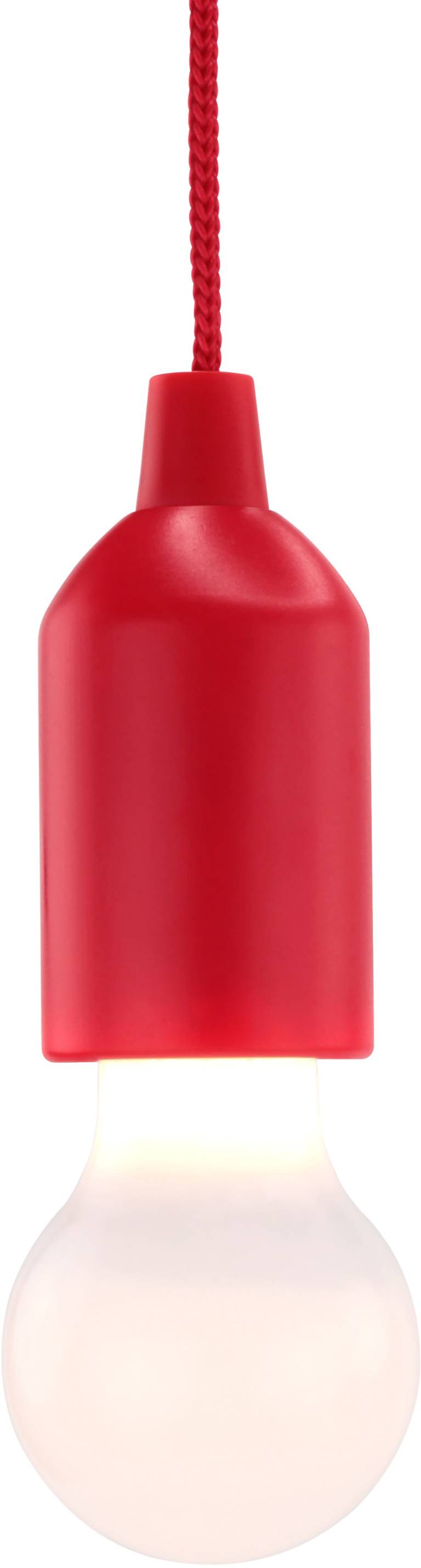 Une suspension rouge avec une ampoule allumée, sur un fond blanc.