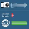 'Max E Batterie, décharge autodéchargement réduit, par rapport aux batteries standard avec une perte de charge moindre.'