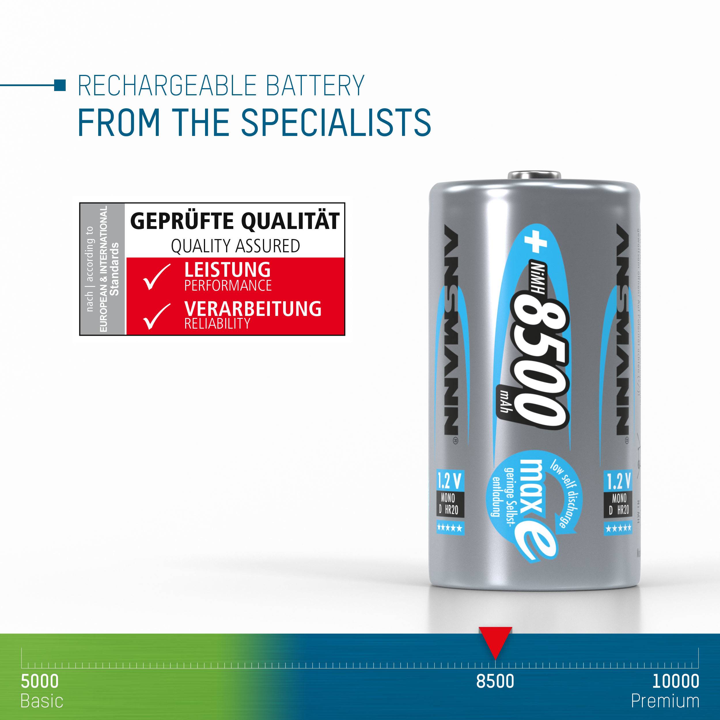 Batterie rechargeable, modèle 'maxE 8500' d'Ansmann, aux performances et finition remarquables. Le sceau de qualité atteste sa qualité contrôlée.