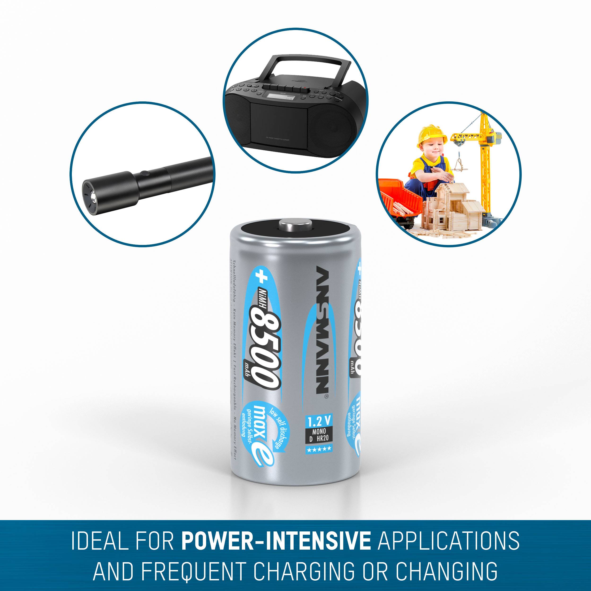 Batterie à haute performance. Adaptée aux applications à forte consommation électrique, telles que les lampes de poche, les radios et les jouets.