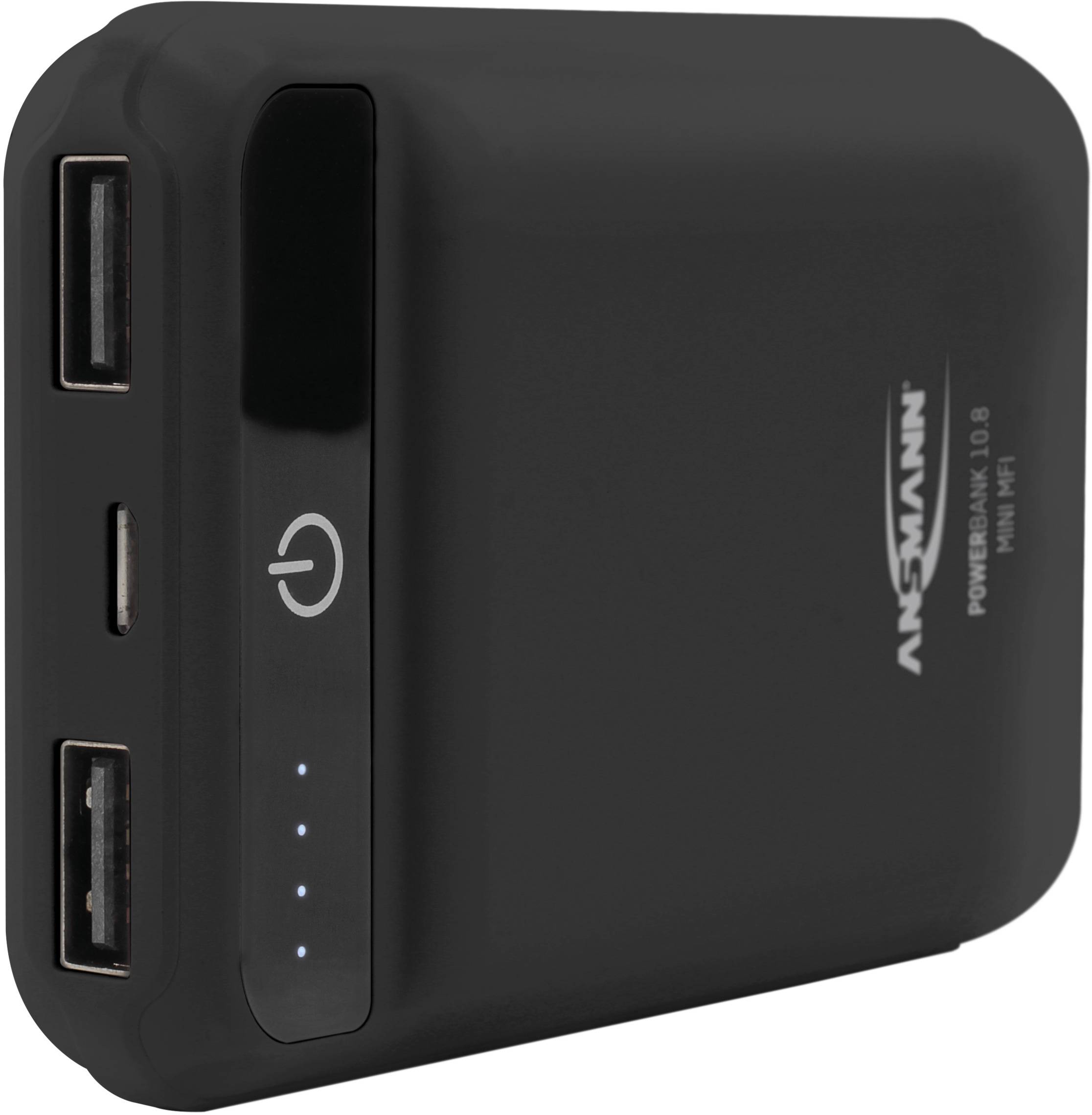 Batterie externe noire avec logo imprimé. Deux ports USB, un port Micro-USB, un bouton marche/arrêt et quatre voyants de charge.