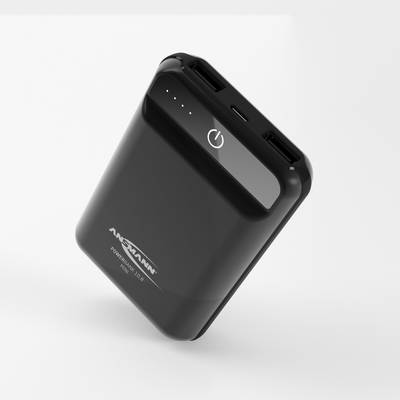 Une batterie externe noire avec deux ports USB et un indicateur de charge. Le nom de marque 'Ansmann' est visible. Adaptée pour charger des appareils de manière portable.