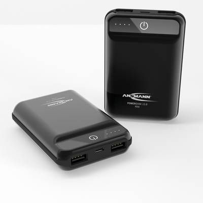 Deux batteries externes noires de la marque Ansmann, l'une debout, l'autre couchée, montrant toutes deux leurs connexions et leurs indicateurs de charge.