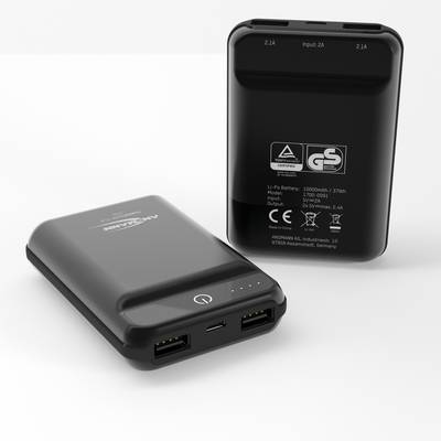 Batterie externe avec deux ports USB et indicateur de charge, affichant les certificats de sécurité et les spécifications techniques au dos.