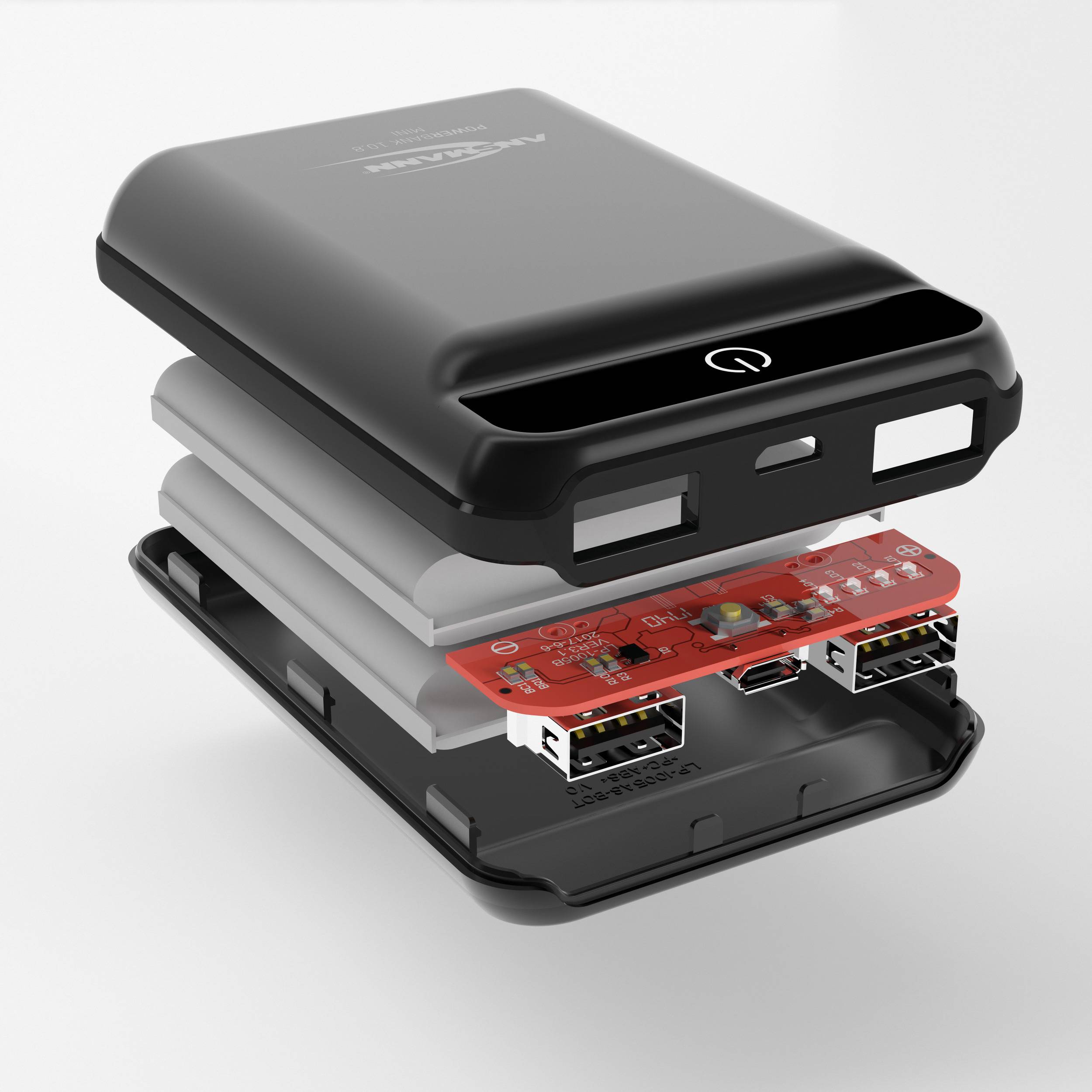 Une vue éclatée d'une batterie externe montre le boîtier, les batteries et les circuits électroniques en couches séparées.