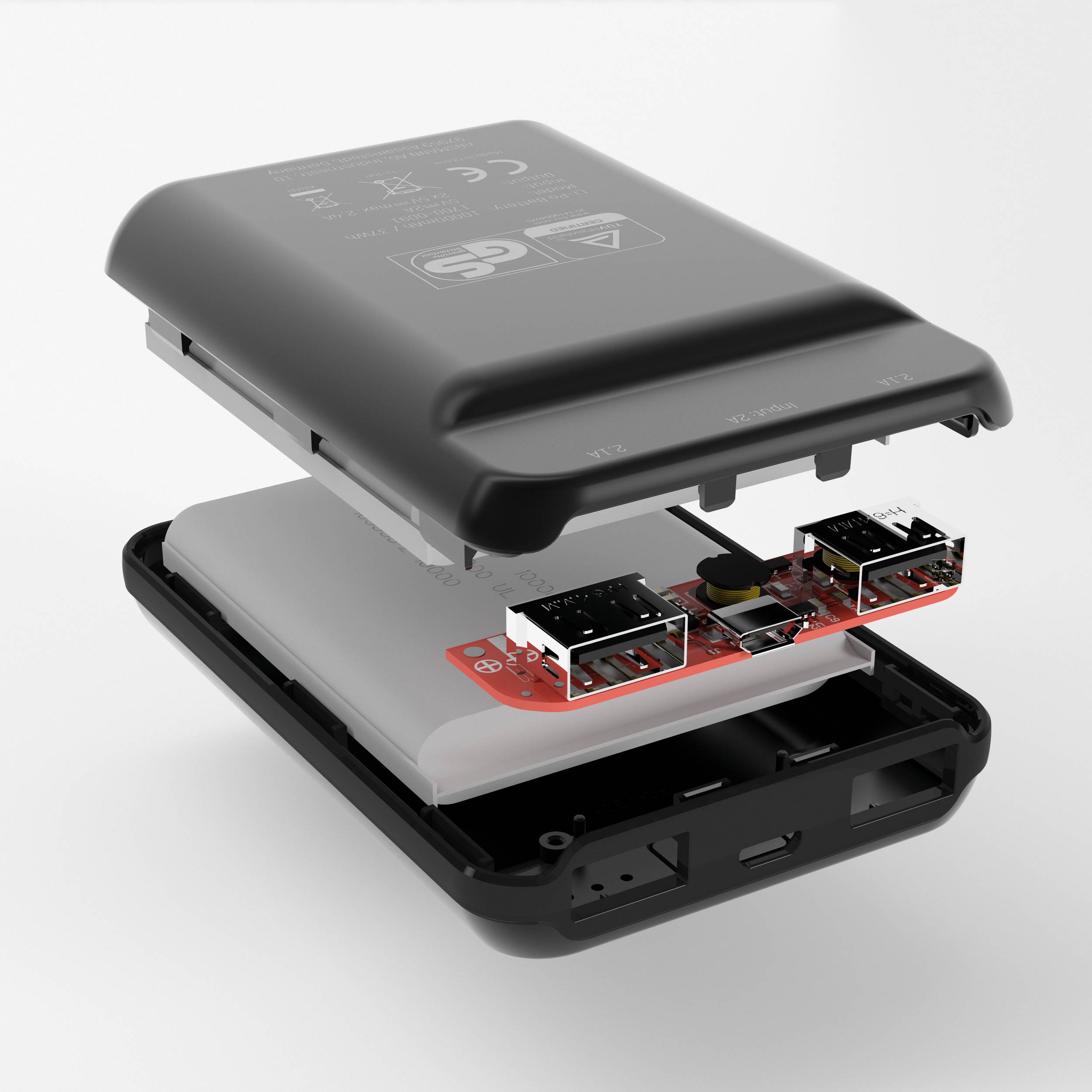Un boîtier de batterie externe ouvert révèle ses composants internes : batterie, circuit électronique et connexions, présentés dans une vue éclatée.