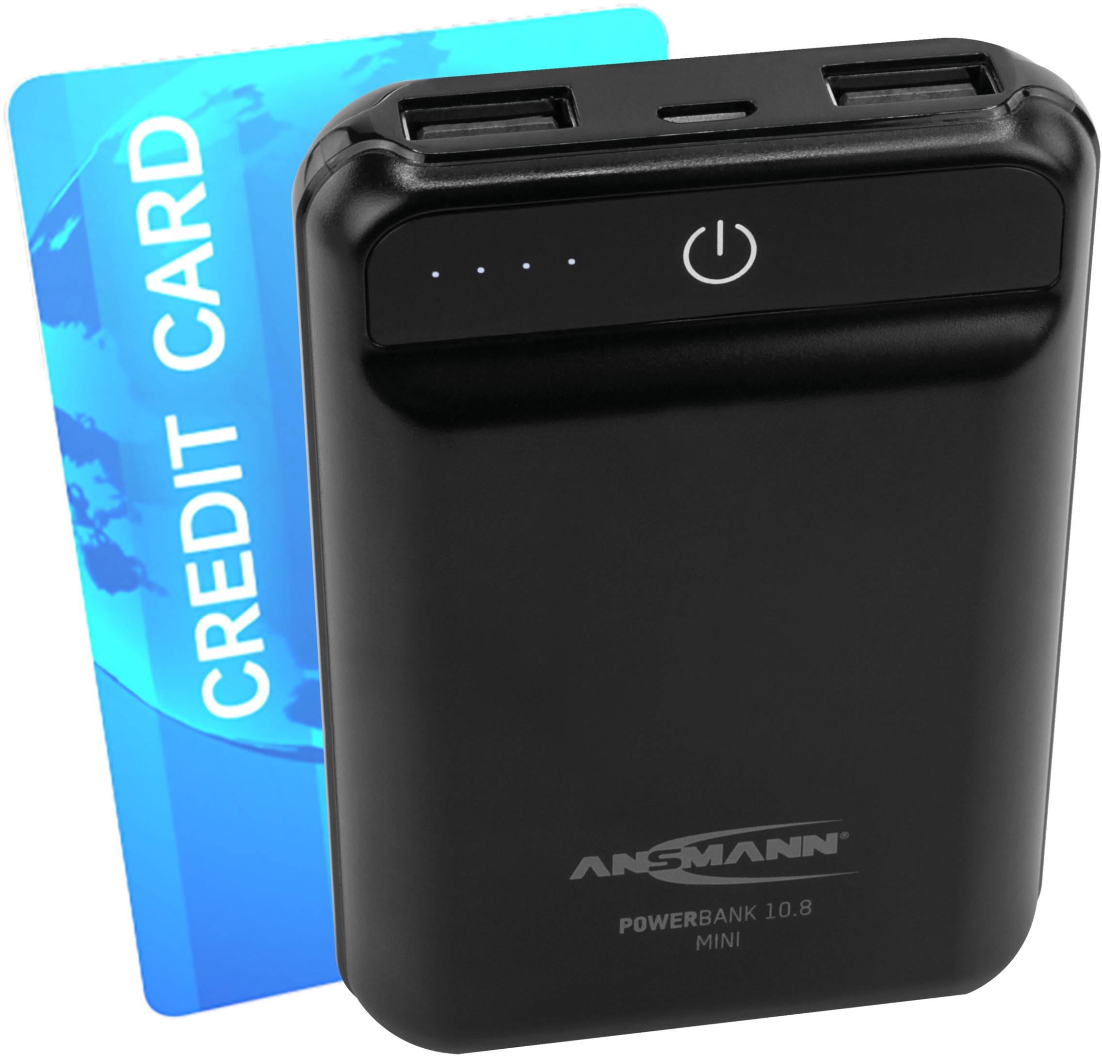 Petite batterie externe noire avec bouton marche/arrêt et quatre voyants LED indiquant le niveau de charge, à côté d'une carte de crédit bleue.