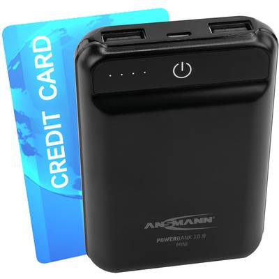 Petite batterie externe noire avec bouton marche/arrêt et quatre voyants LED indiquant le niveau de charge, à côté d'une carte de crédit bleue.