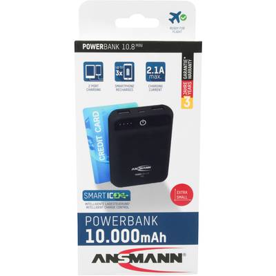 Emballage de Powerbank 10.000 mAh avec powerbank noire, carte de crédit comme référence de taille, courant de charge max. 2,1A, 2 ports.