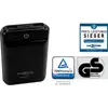 Batterie externe noire avec inscription "ANSMANN", À gauche signes de certification : Certifié TÜV, Testé GS. À droite texte : 'MEILLEUR RAPPORT QUALITÉ-PRIX'.