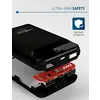 Illustration d'une batterie externe noire ouverte avec un circuit imprimé rouge, texte : ULTRA-HAUTE SÉCURITÉ, symbole de sécurité, TECHNOLOGIE MULTISAFE.