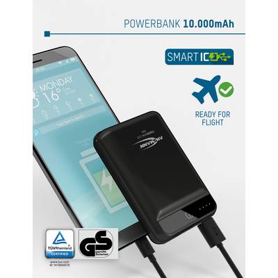 Batterie externe de 10 000 mAh avec technologie Smart IC, adaptée aux voyages en avion. Certifiée TÜV Rheinland. Charge votre smartphone.