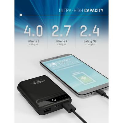 Un chargeur portable charge un smartphone. Texte en haut : 'Ultra-Haute Capacité', indique les temps de charge pour iPhone 8, iPhone X, Galaxy S9.