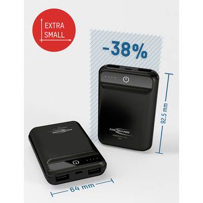 Deux batteries externes noires portant le nom de la marque. Une est verticale, l'autre est posée à plat. Texte 'Extra Small' et '-38%' sur le graphique.