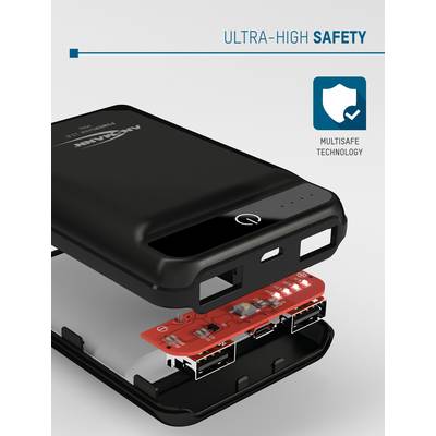 Un chargeur de batterie noir avec le boîtier partiellement ouvert révèle le circuit interne. À côté est inscrit 'Ultra-Haute Sécurité'.